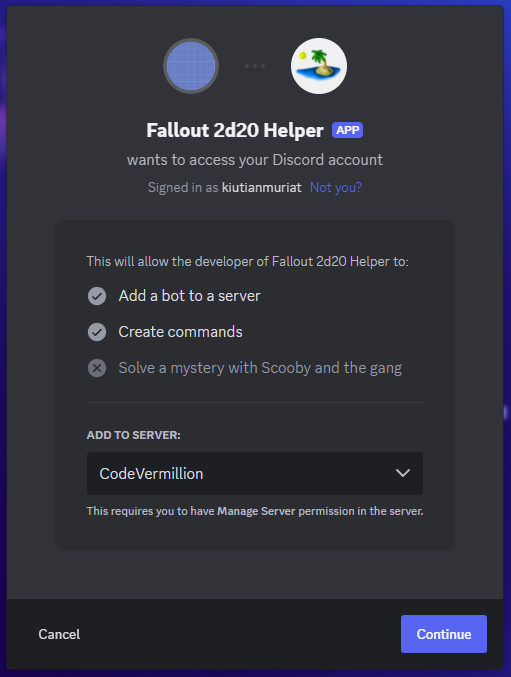 Select the server on the Discord page when prompted