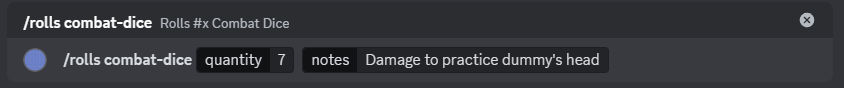 A screenshot of the combat dice command