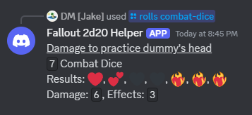 A screenshot of the combat dice result