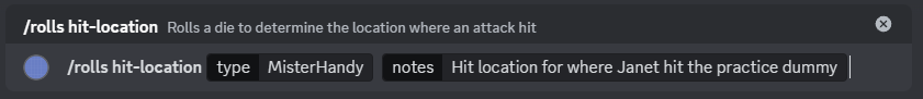 A screenshot of the hit location command