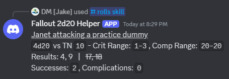 A screenshot of the skill check result