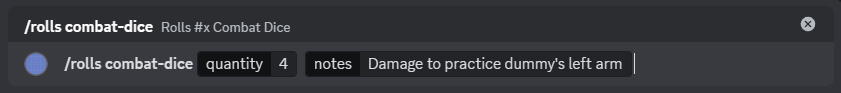 A screenshot of the combat dice command