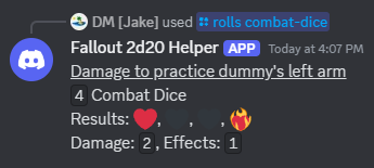 A screenshot of the combat dice result