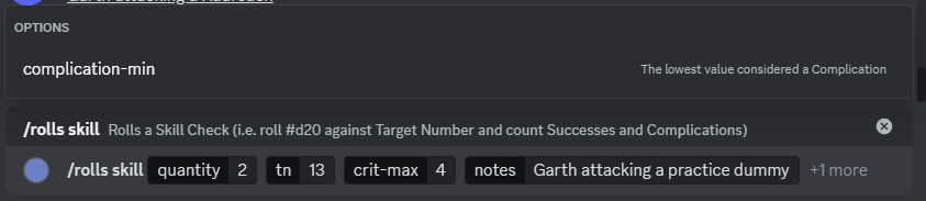 A screenshot of the skill check command