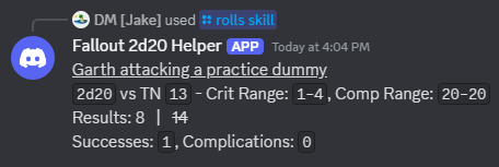 A screenshot of the skill check result