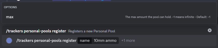 A screenshot of the register Personal Pool command