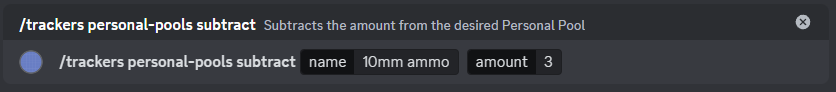 A screenshot of the subtract amount to Personal Pool command