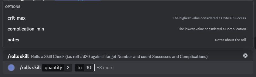A screenshot of the '/rolls skill' command with the two required fields populated and the optional parameters being displayed
